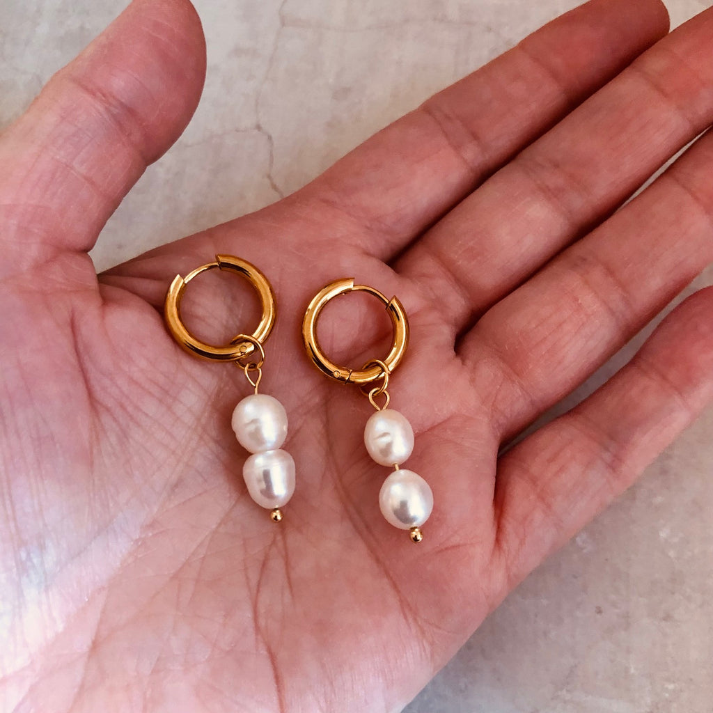Double Freshwater Pearl Earring Charms on Gold - Cream