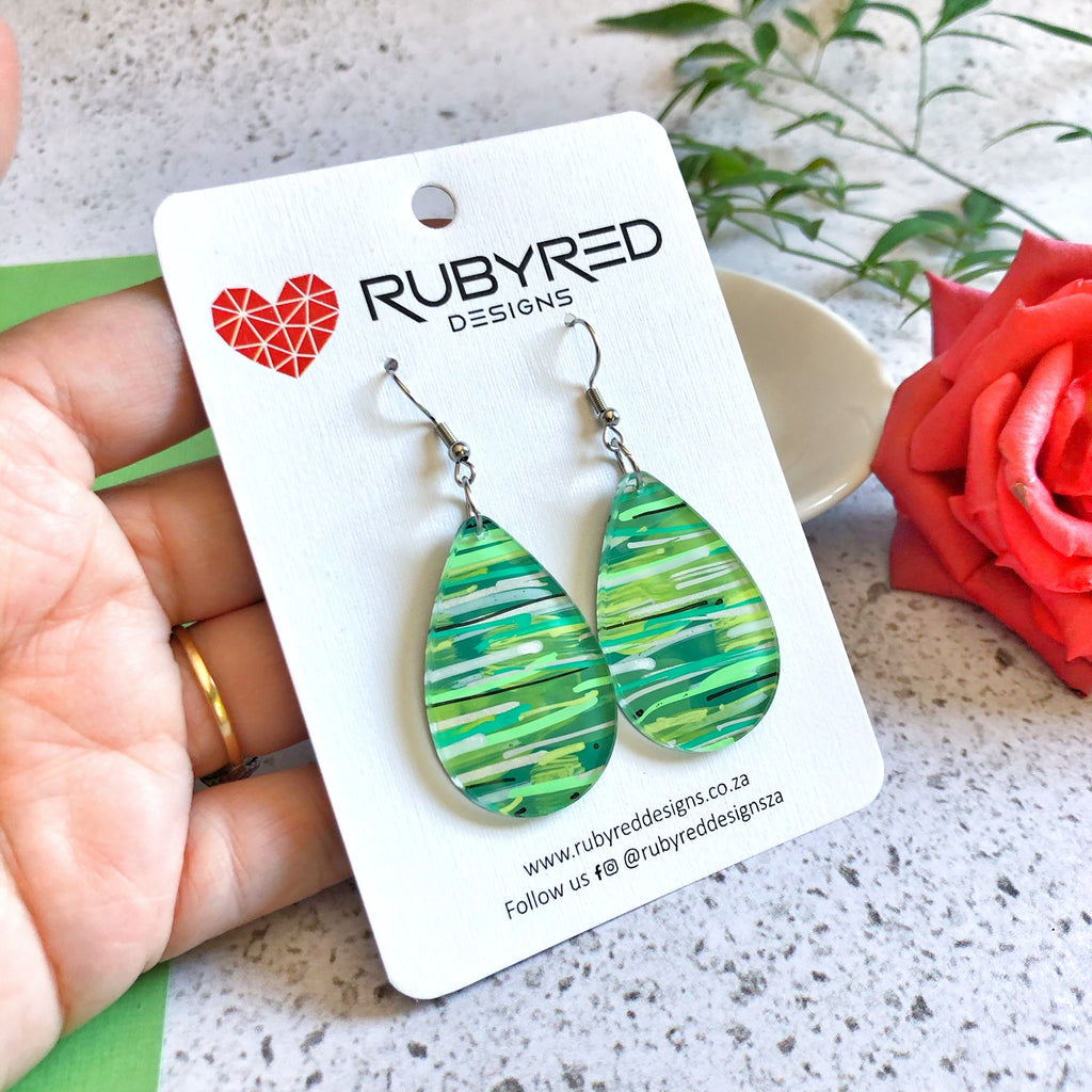 Hand Painted Acrylic Teardrop Dangle Earrings on French Hooks - Emerald Stripes
