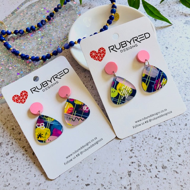 80's Graffiti Art - Hand Painted Acrylic Laila Triangle Earrings on Pink Studs