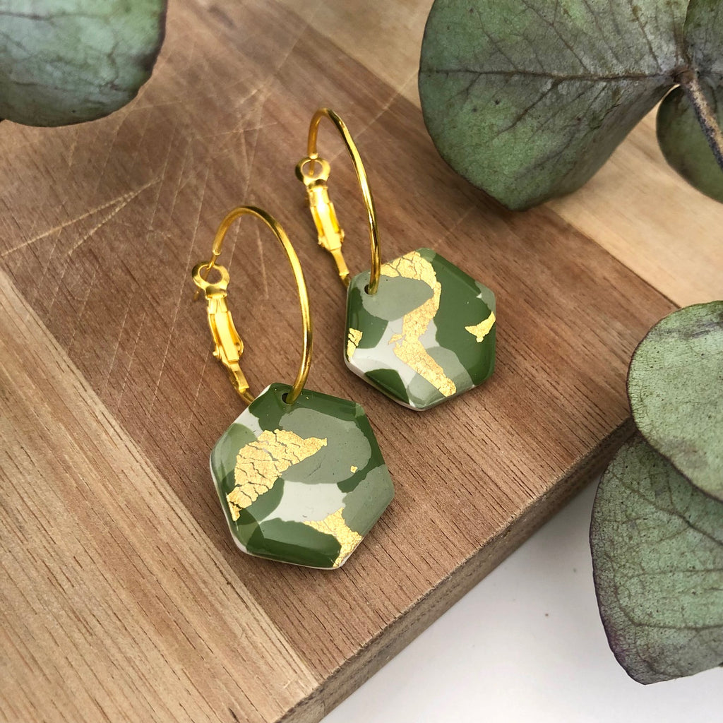 Earrings - Golden Ivy Hexagon Shape on 30mm Gold Hoops