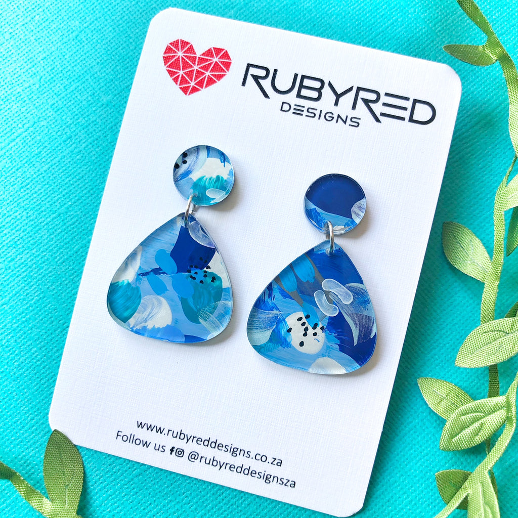 Hand Painted Acrylic Laila Triangle Earrings on Studs - Ocean Blues