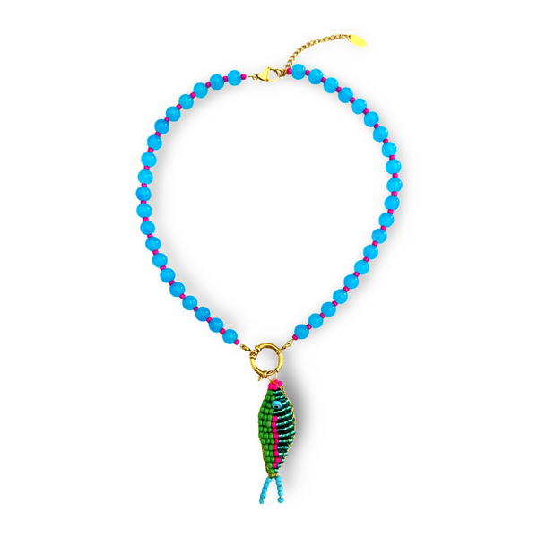 Santorini Sun - Turquoise / Cerise Pink Necklace with Hand-Beaded