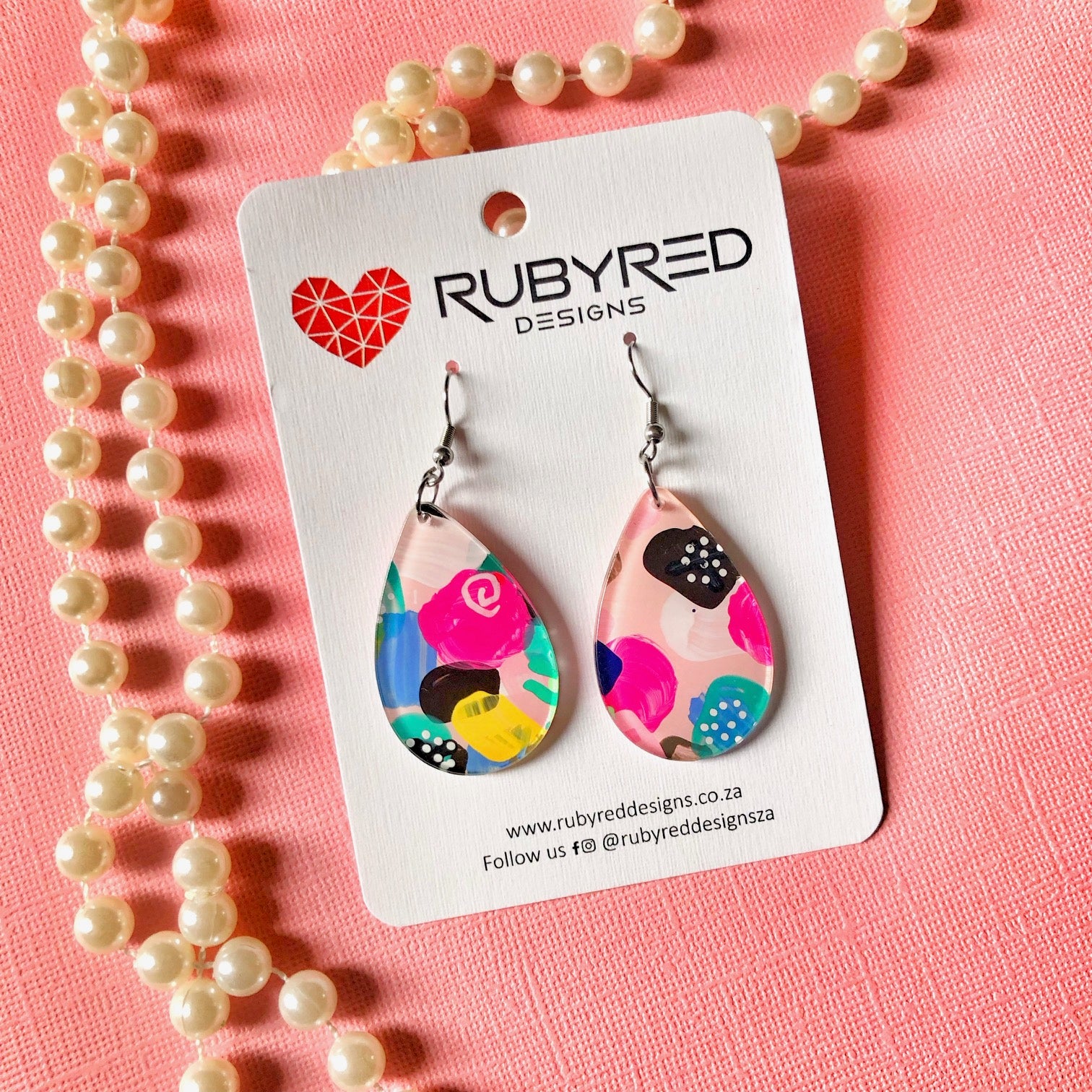 Hand Painted Acrylic Teardrop Earrings Pink Colour Pop Ruby